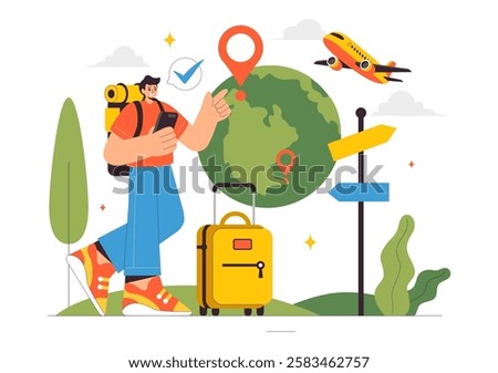Travel Vector Illustration featuring Backpacking, Luggage, Maps, and Photo Cameras for Adventure, Tourism, and Exploration in a Flat Background