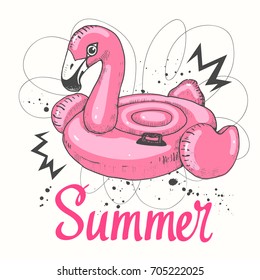 Travel vector illustration with flamingo pool float in sketch style on white background. Swimming pink circle. Brush calligraphy elements for your design. Handwritten ink lettering.