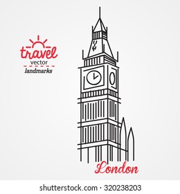 Travel vector illustration. Landmarks. London, UK, Big Ben. Element for design guides, maps, magazines, cards, paper, textiles, packaging.