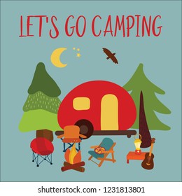 Travel vector illustration Let's go camping - summer camping scene. Red camping van with campfire, chairs and guitar. Forest adventure. Camp night scene. For cards, poster, advertisement, decor