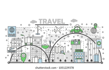 Travel vector illustration. Modern thin line art flat style design element with travel symbols, icons for website banners and printed materials.
