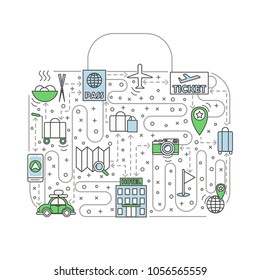 Travel vector illustration. Modern thin line art flat style design element in the shape of suitcase with travel symbols, icons for website banners and printed materials.