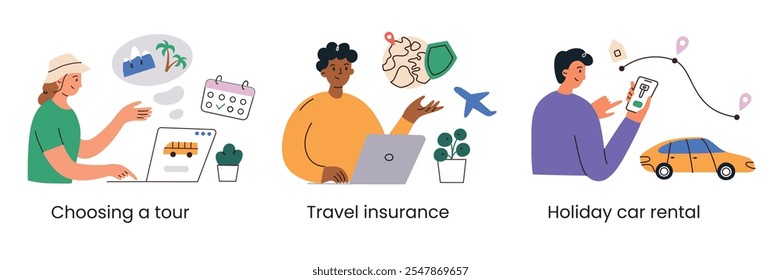 Travel vector illustration set in flat cartoon style. Choosing tours, car rental, travel insurance. Happy characters, vibrant colors, modern style. Perfect for tourism or journey concepts