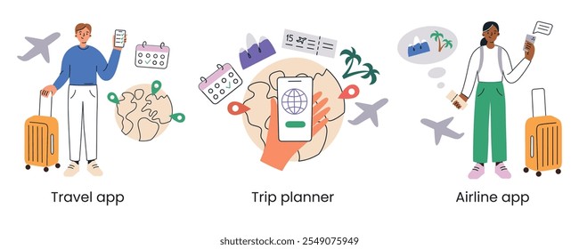 Conjunto de Ilustración vectorial de viaje. Personas con maletas utilizando App ambulantes. Aplicaciones de planificación de viajes, App de viajes y reservas de aerolíneas. Diseño de dibujos animados planos modernos con globos, calendarios, entradas