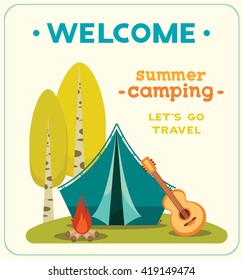 Travel vector illustration - summer camping. Blue travel tent with campfire and guitar. Let's go travel. 