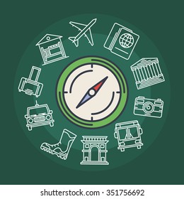 Travel vector illustration - tourism background made with flat compass and thin line travel signs on green background