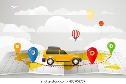 Ilustración vectorial de viajes. Concepto de vacaciones con el coche