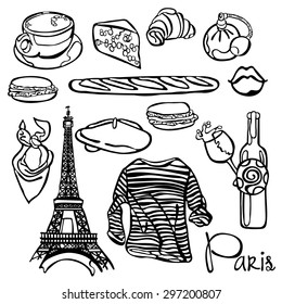 Travel. Vector illustration, which shows: beret, striped jacket, long loaf, croissant, bottle of wine, glass of wine, scarf, Eiffel Tower, macaroons, cheese, perfume and inscription Paris.