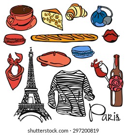 Travel. Vector illustration, which shows: beret, striped jacket, long loaf, croissant, bottle of wine, glass of wine, scarf, Eiffel Tower, macaroons, cheese, perfume and inscription Paris.