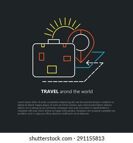 Travel vector image. Line art. Suitcase and rout. Travel concept