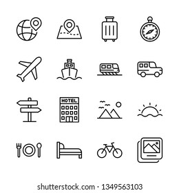 Travel Vector Line Icons Set. Airplane, Beach, Compass, Destination, Hotel, Transportation and more