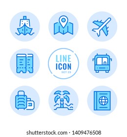 Travel vector line icons set. Map, ship, bus trip, beach, flight tickets outline symbols. Modern simple stroke graphic elements. Round icons