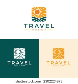 Travel vector logo design. Field and sunset logotype. Nature landscape logo template.