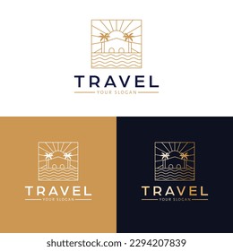 Travel vector logo design. Villa with palms and ocean with sun logotype. Tropical logo template.