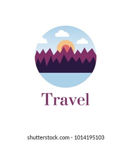 Travel vector logo. Mountains landscape icon.