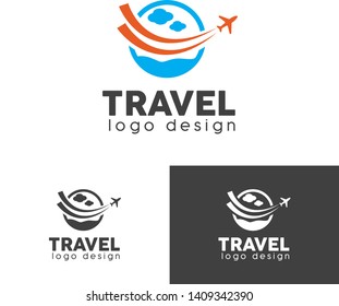 Travel vector logo with sea, clouds airplane with path design templates for airlines, airplane tickets, travel agencies - planes and emblems 