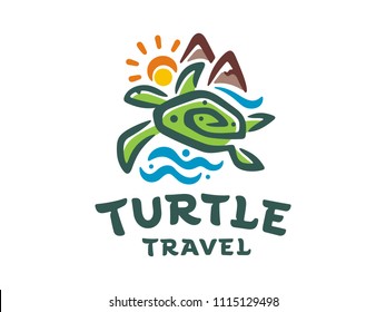 Travel vector logo template. Illustration of a turtle in the sea on the island.