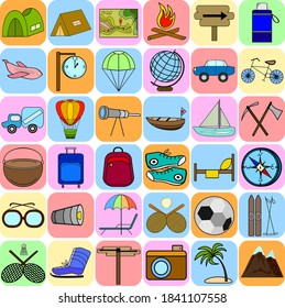 Iconos multicolores vectoriales de viaje.Colección vectorial de placas e iconos de viaje.