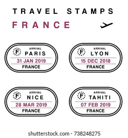 Travel vector - passport stamps set (fictitious stamps). France destinations: Paris, Lyon, Nice and Tahiti.