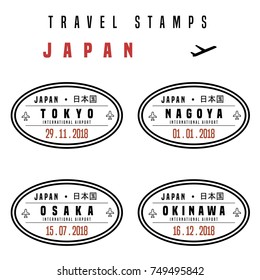 Travel vector - passport stamps set (fictitious stamps). Japan destinations: Tokyo, Nagoya, Osaka and Okinawa.