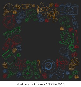 Travel vector pattern. Adventure, beach, tropical design.