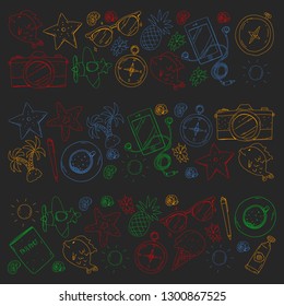 Travel vector pattern. Adventure, beach, tropical design.