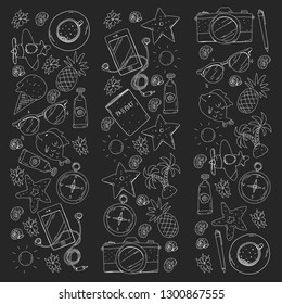 Travel vector pattern. Adventure, beach, tropical design.