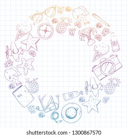 Travel vector pattern. Adventure, beach, tropical design.