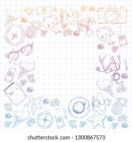 Travel vector pattern. Adventure, beach, tropical design.
