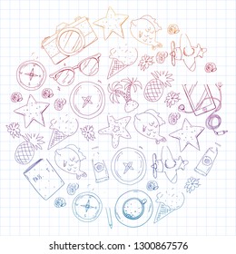 Travel vector pattern. Adventure, beach, tropical design.