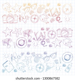 Travel vector pattern. Adventure, beach, tropical design.