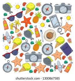 Travel vector pattern. Adventure, beach, tropical design.