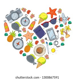 Travel vector pattern. Adventure, beach, tropical design.