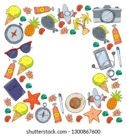 Travel vector pattern. Adventure, beach, tropical design.