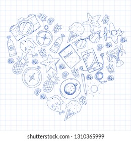 Travel vector pattern. Adventure, beach, tropical design.