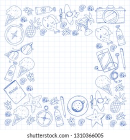Travel vector pattern. Adventure, beach, tropical design.