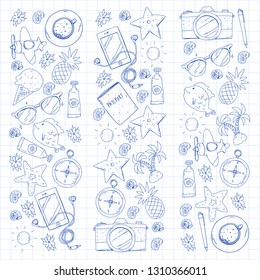 Travel vector pattern. Adventure, beach, tropical design.