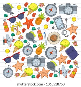 Travel vector pattern. Adventure, beach, tropical design.