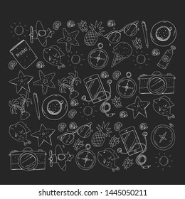 Travel vector pattern. Adventure, beach, tropical design.