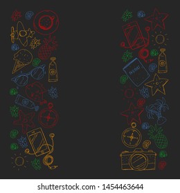 Travel vector pattern. Adventure, beach, tropical design.