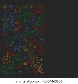 Travel vector pattern. Adventure, beach, tropical design.