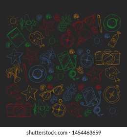 Travel vector pattern. Adventure, beach, tropical design.