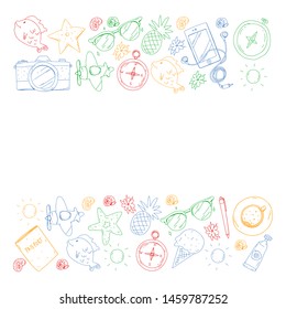 Travel vector pattern. Adventure, beach, tropical design.