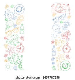 Travel vector pattern. Adventure, beach, tropical design.