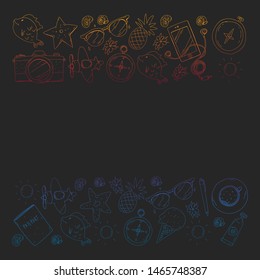 Travel vector pattern. Adventure, beach, tropical design.