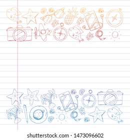 Travel vector pattern. Adventure, beach, tropical design.