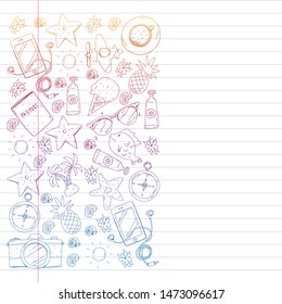 Travel vector pattern. Adventure, beach, tropical design.