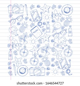 Travel vector pattern. Adventure, beach, tropical design.