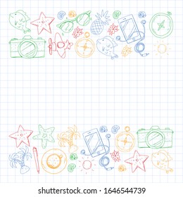 Travel vector pattern. Adventure, beach, tropical design.