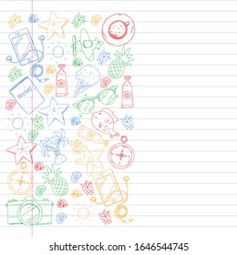 Travel vector pattern. Adventure, beach, tropical design.